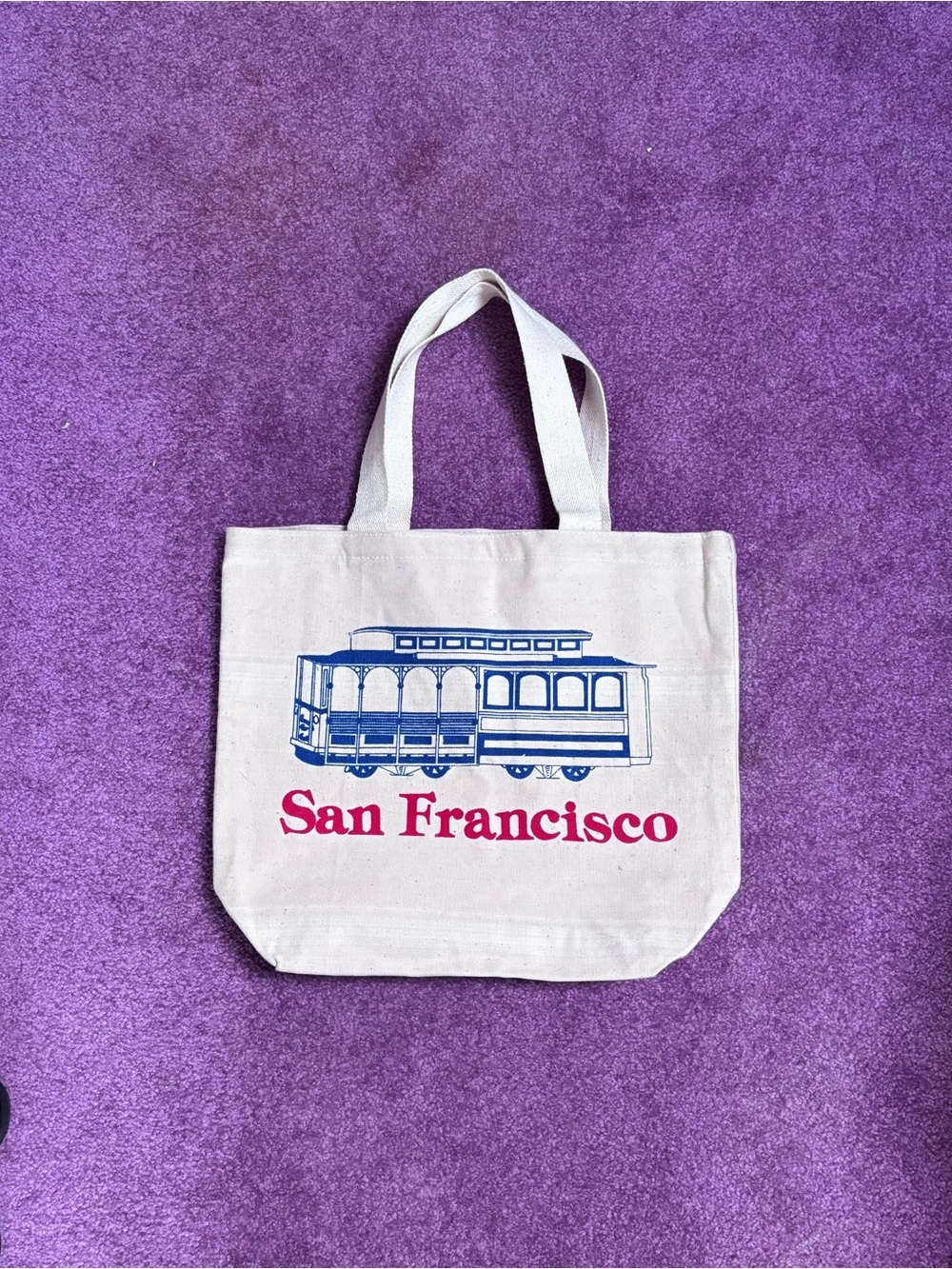 San Francisco Cable Car Canvas Tote - White with Blue & Red Print